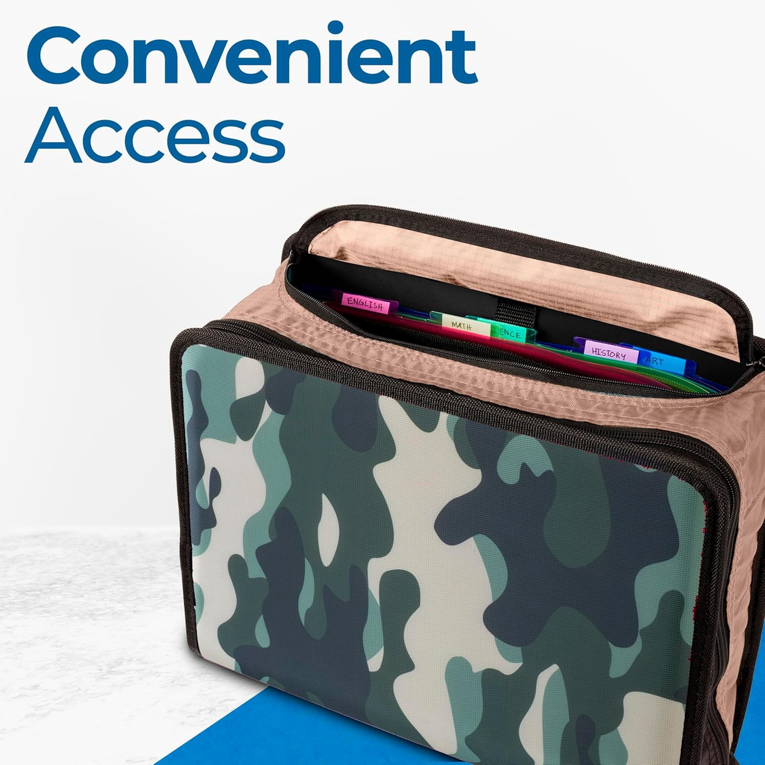 Case-it The Mighty Zip Tab Zipper Binder - 3 Inch O-Rings - 5 Color Tab Expanding File Folder - Multiple Pockets - 600 Sheet Capacity - Comes with Shoulder Strap - OG Camo D-146-P