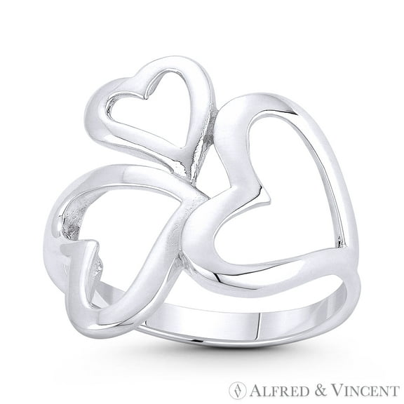 Triple Heart Cluster Love Charm Right-Hand Statement Promise Ring in .925 Sterling Silver