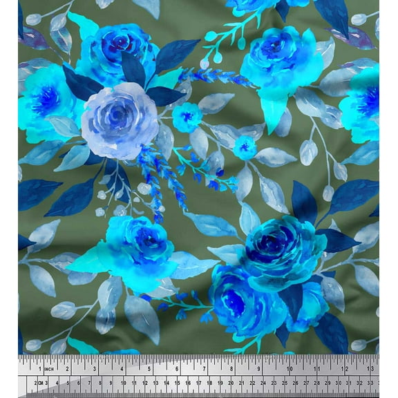 Soimoi Green Cotton Duck Fabric Rose Floral Decor Fabric Printed Yard 42 Inch Wide