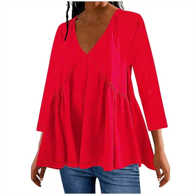 AherBiu Tops for Women Trendy 3/4 Sleeve Cute Ruffle Shirts Summer Flowy Comfy V Neck Ruched Blouses