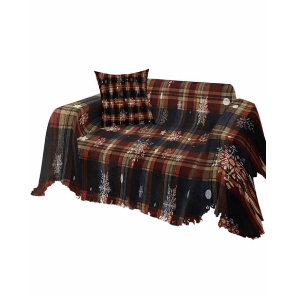 Red Plaid Christmas Sofa Couch Covers for Dogs, Washable Sectional Couch Slipcovers for Loveseat with Tassels, Xmas Snowflake Checkered Non Slip Sofa Throw Cover Blanket L 71''x102''
