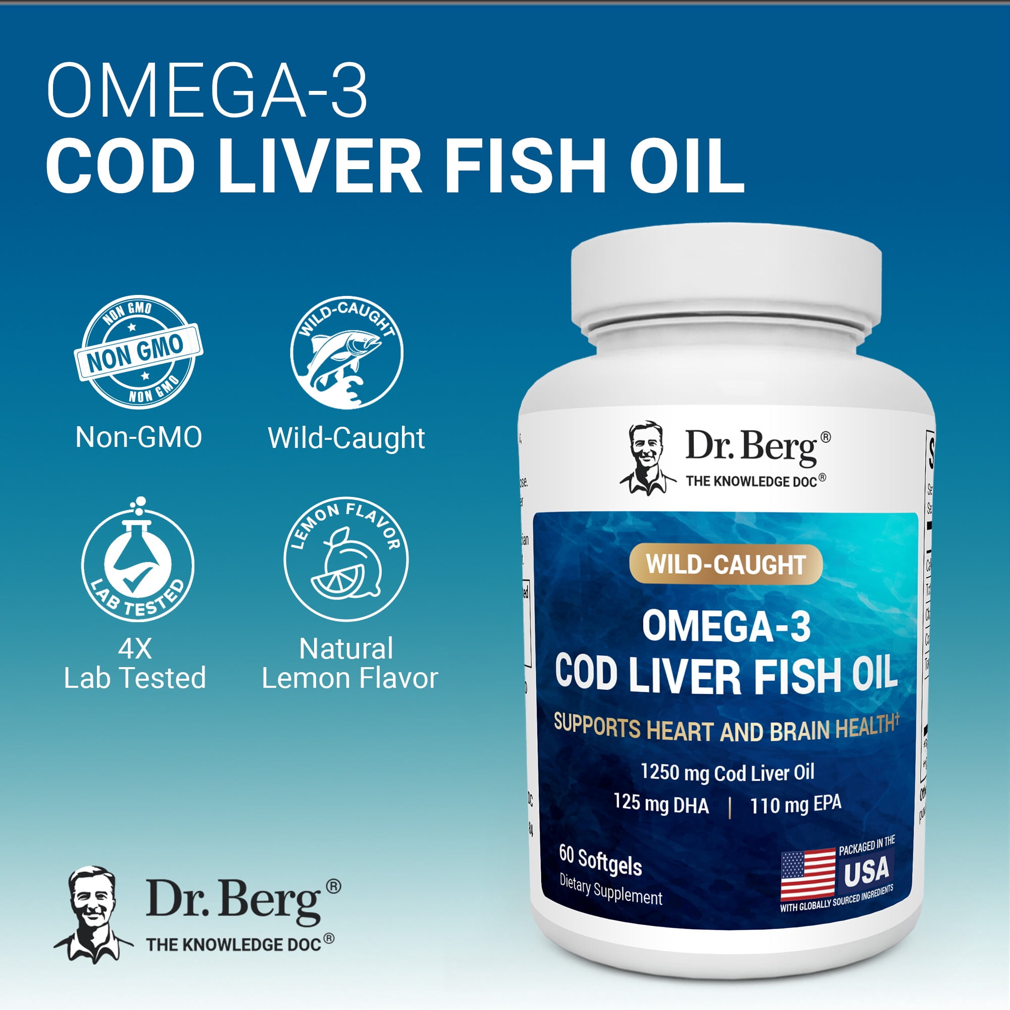 Dr. Berg Omega-3 Cod Liver Oil Softgels – 1250 mg Fish Oil with EPA DHA, Natural Lemon Flavor, 60 Count