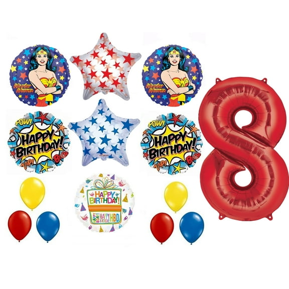 Wonder Woman 14 pc Superhero 8th Birthday Party Supplies and Balloon Decorations