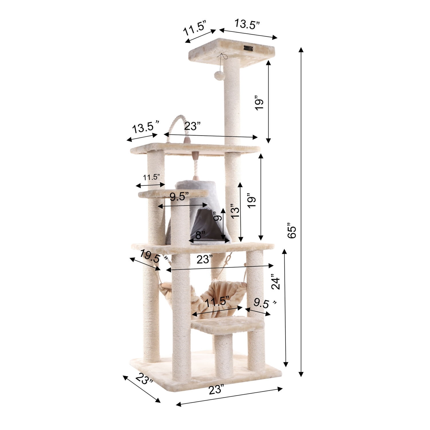 Cat Tree Tower with Hammock - Multi-Level Kitty Condo, Scratching Posts, Soft Faux Fur - 65" Tall
