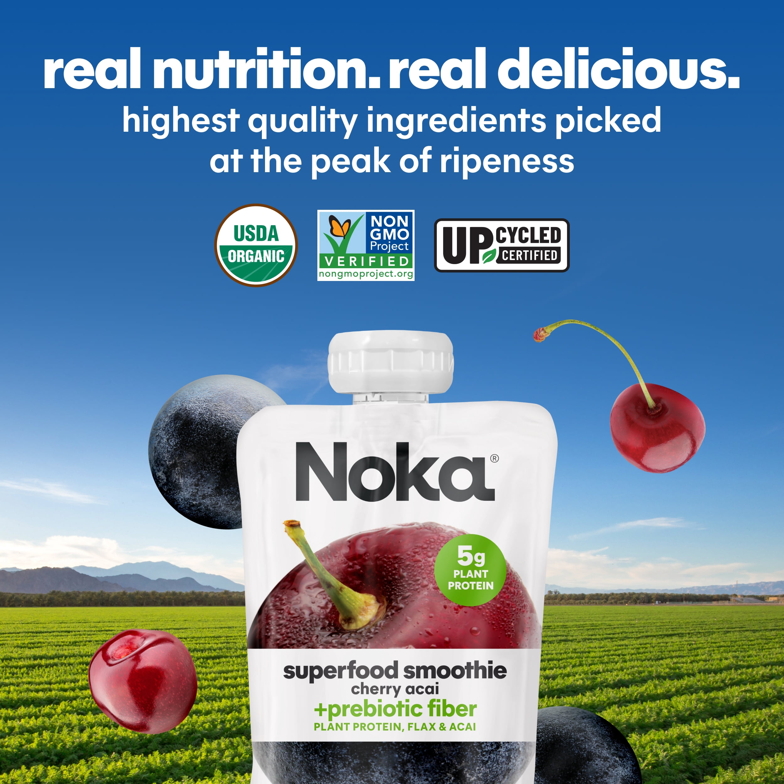 Noka Organic Superfood Smoothie Pouches, Plant Protein, Cherry