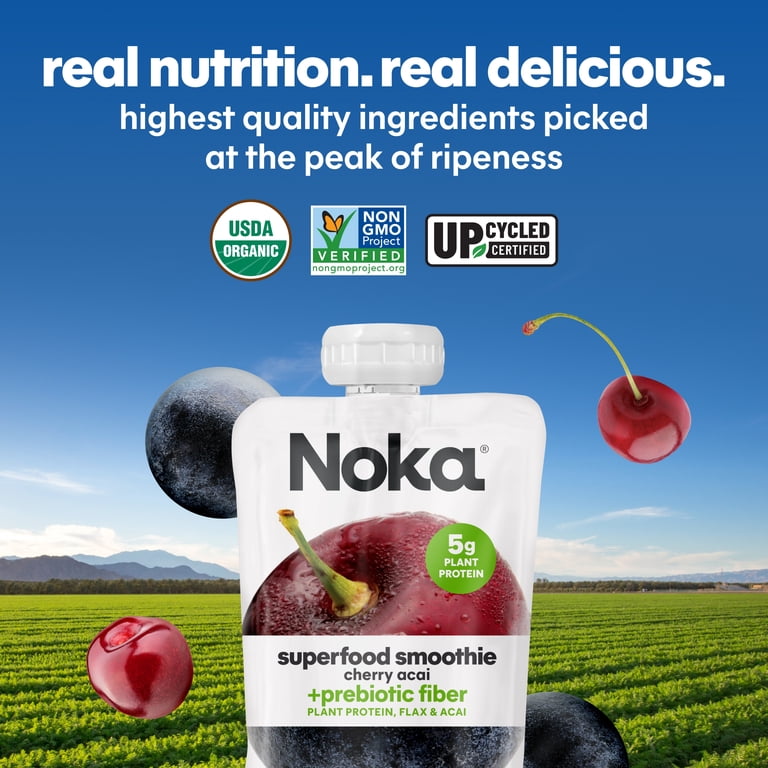 Noka Organic Superfood Smoothie Pouches, Plant Protein, Cherry