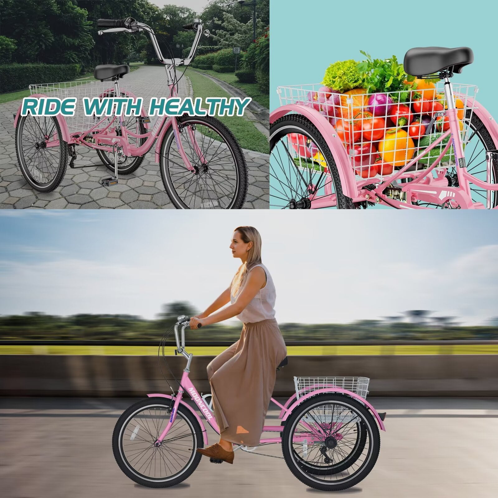 MOPHOTO 20/24/26 inch Wheels 7 Speed Adult Tricycle Adult Seat Adjustable with Low-Step Through Frame, Cruiser Trike for Women Men Support 350 bls with Big Basket for Shopping, Exercise