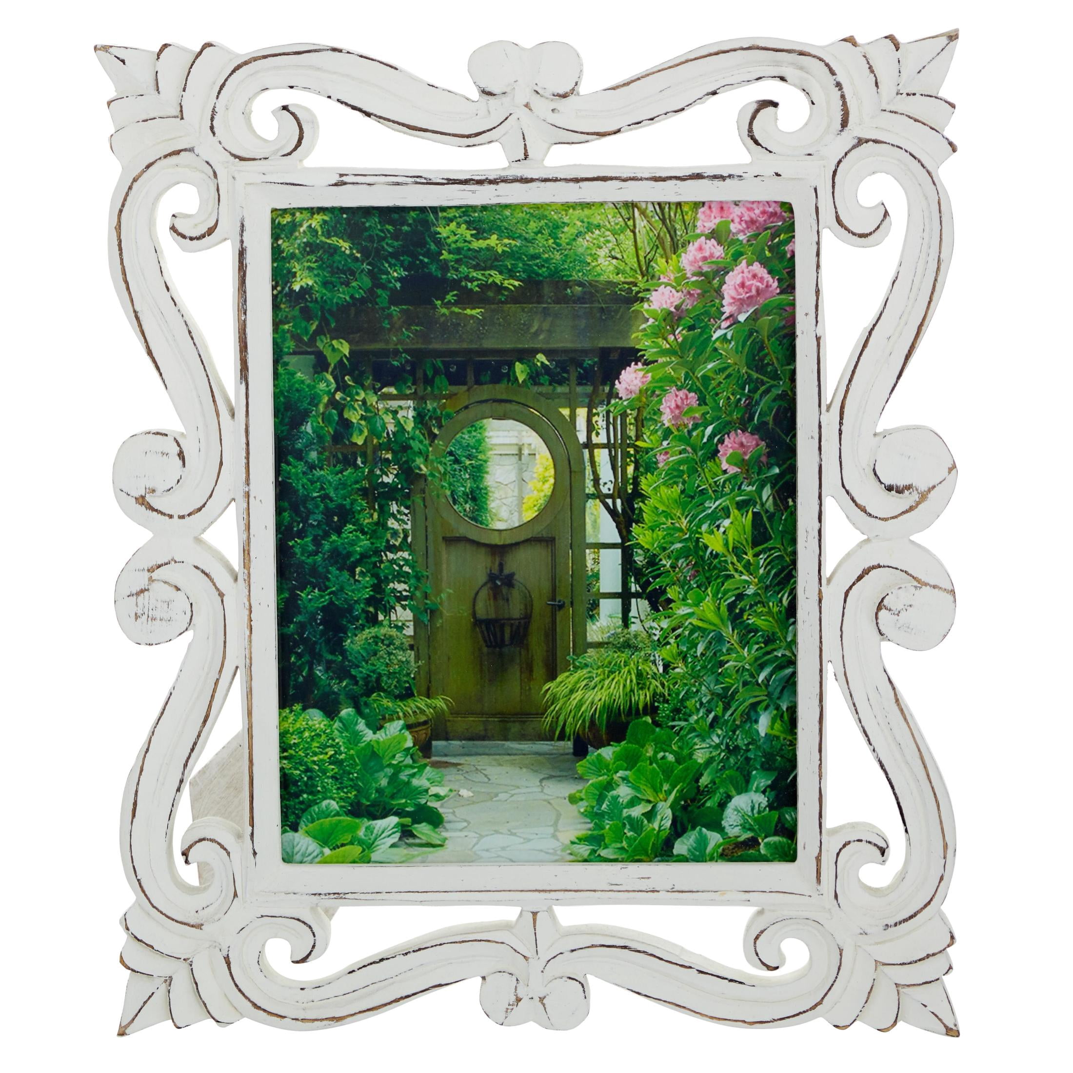 DecMode 8" x 10" Handmade Intricate Carved White Scroll Photo Frame