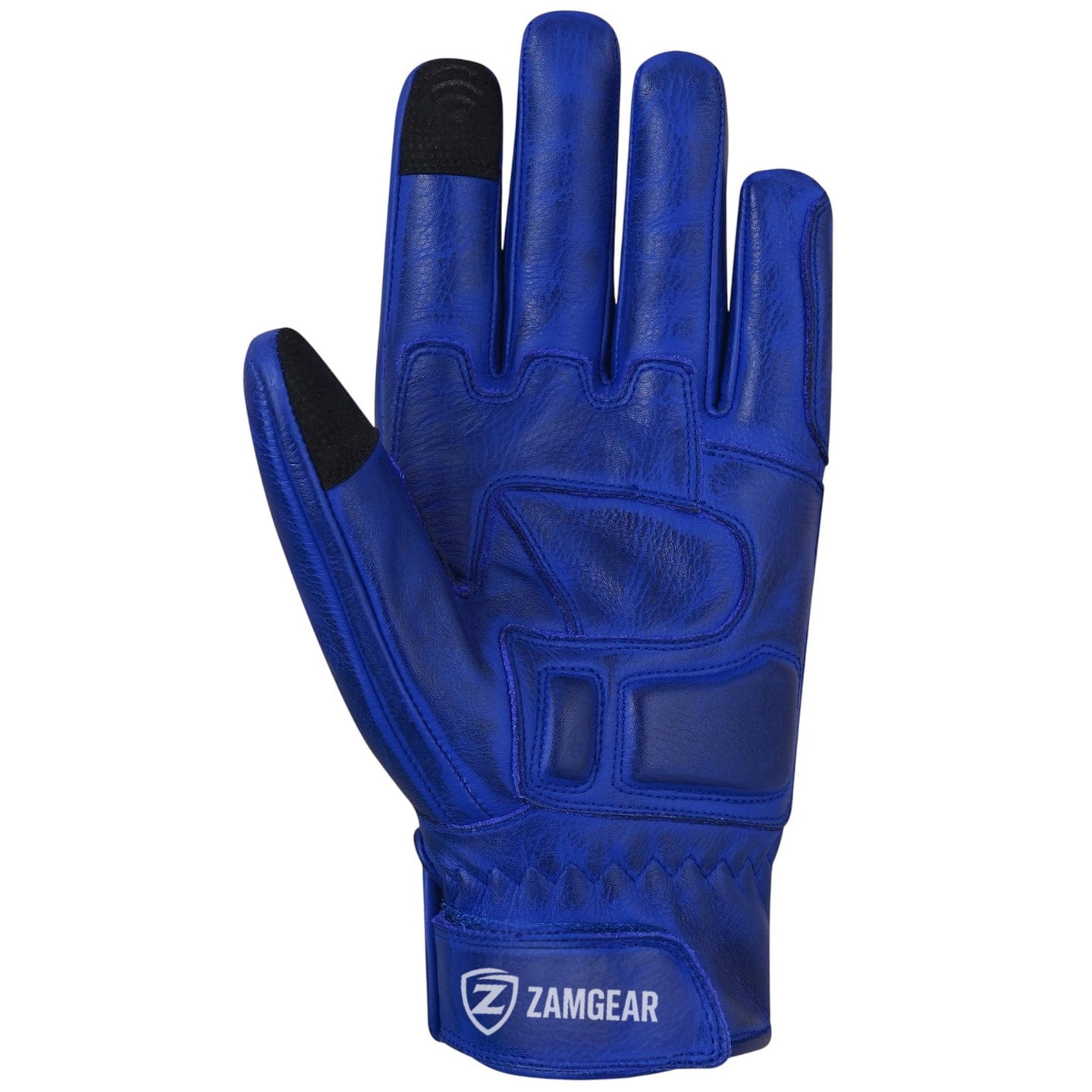 Motorcycle Leather Gloves With Reinforced Knuckles, Full Finger, Touchscreen Finger Tips, Blue ZAMGEAR