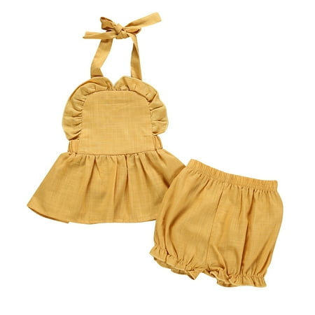 

ZHUASHUM Baby Girls Summer Strap Ruffled T Shirts Tops + Solid Shorts Outfits Clothes Set For 0-24 Months