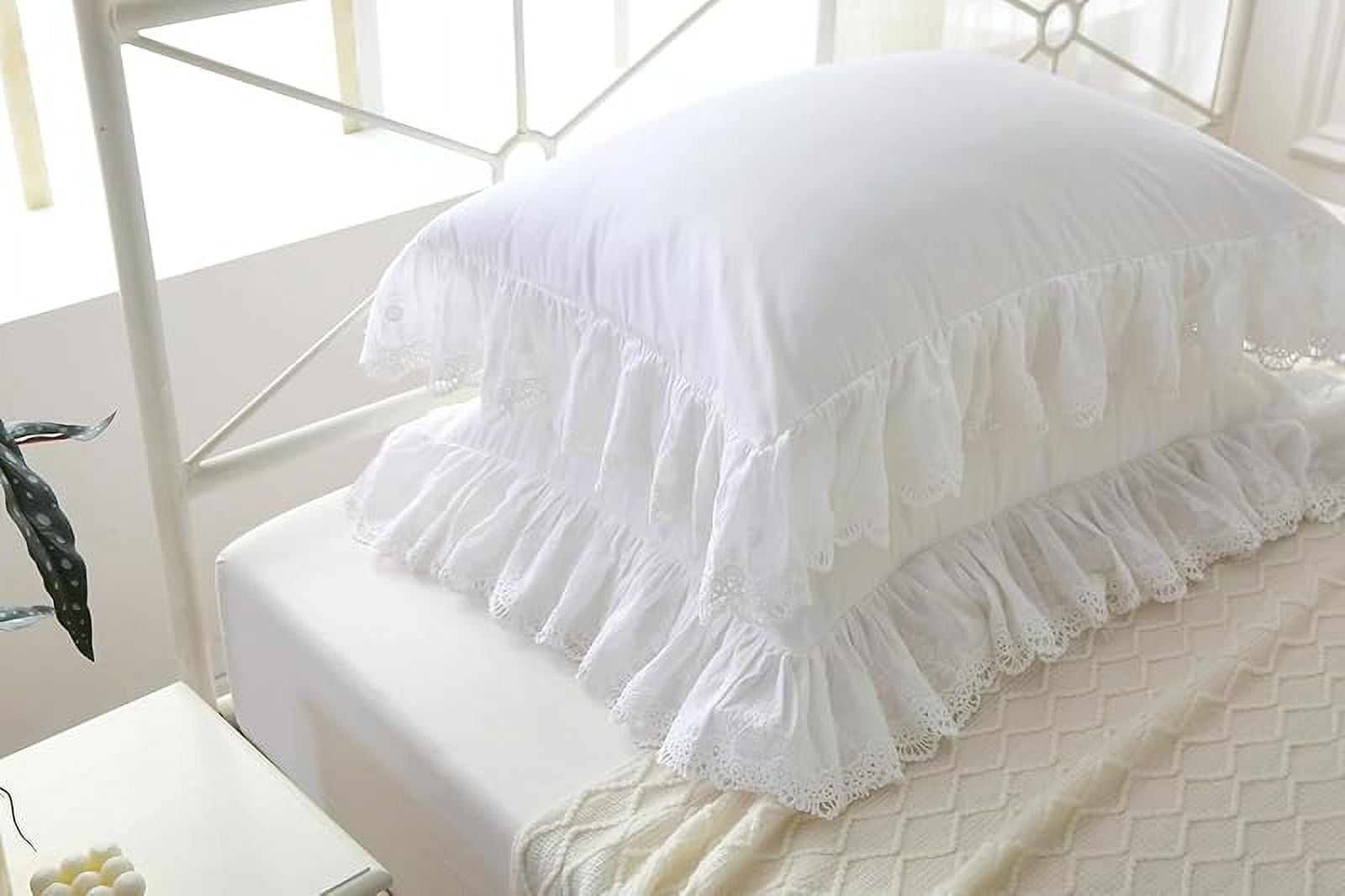 White Pillow Shams with Lace Ruffles Vintage Shabby Chic Pillowcases Pillow Covers Cotton King Size 20"X36" Luxury Elegant 2-Pack
