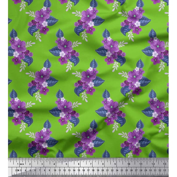 Soimoi Cotton Duck Fabric Leaves & Periwinkle Floral Print Fabric by Yard 56 Inch Wide