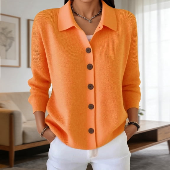 2026 New Button Up Cardigan for Women, Long Sleeve Lapel Collared Knit Tops, Lightweight Relaxed Fit Casual Sweater(Orange,XXXXXL)