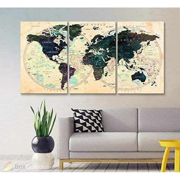 Original by BoxColors LARGE 30"x 60" 3 panels 30x20 Ea Art Canvas Print Watercolor Green Beige Map World Push Pin Travel Wall decor (framed 1.5" depth) M1803