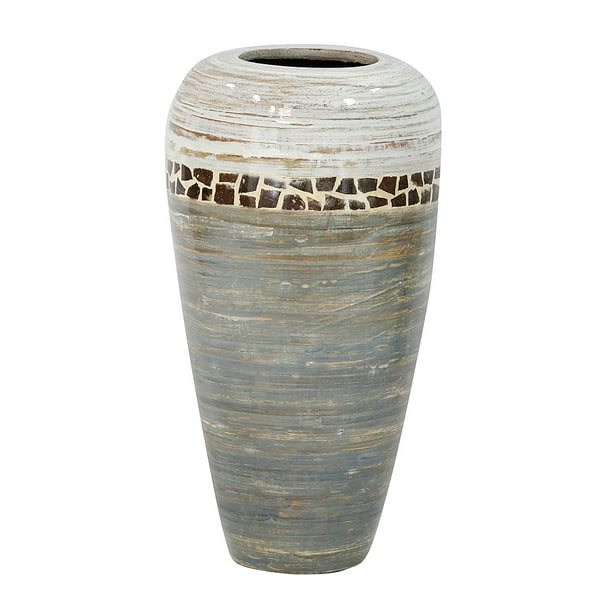 19" Spun Bamboo Vase Bamboo In White And Gray W/ Coconut Shell
