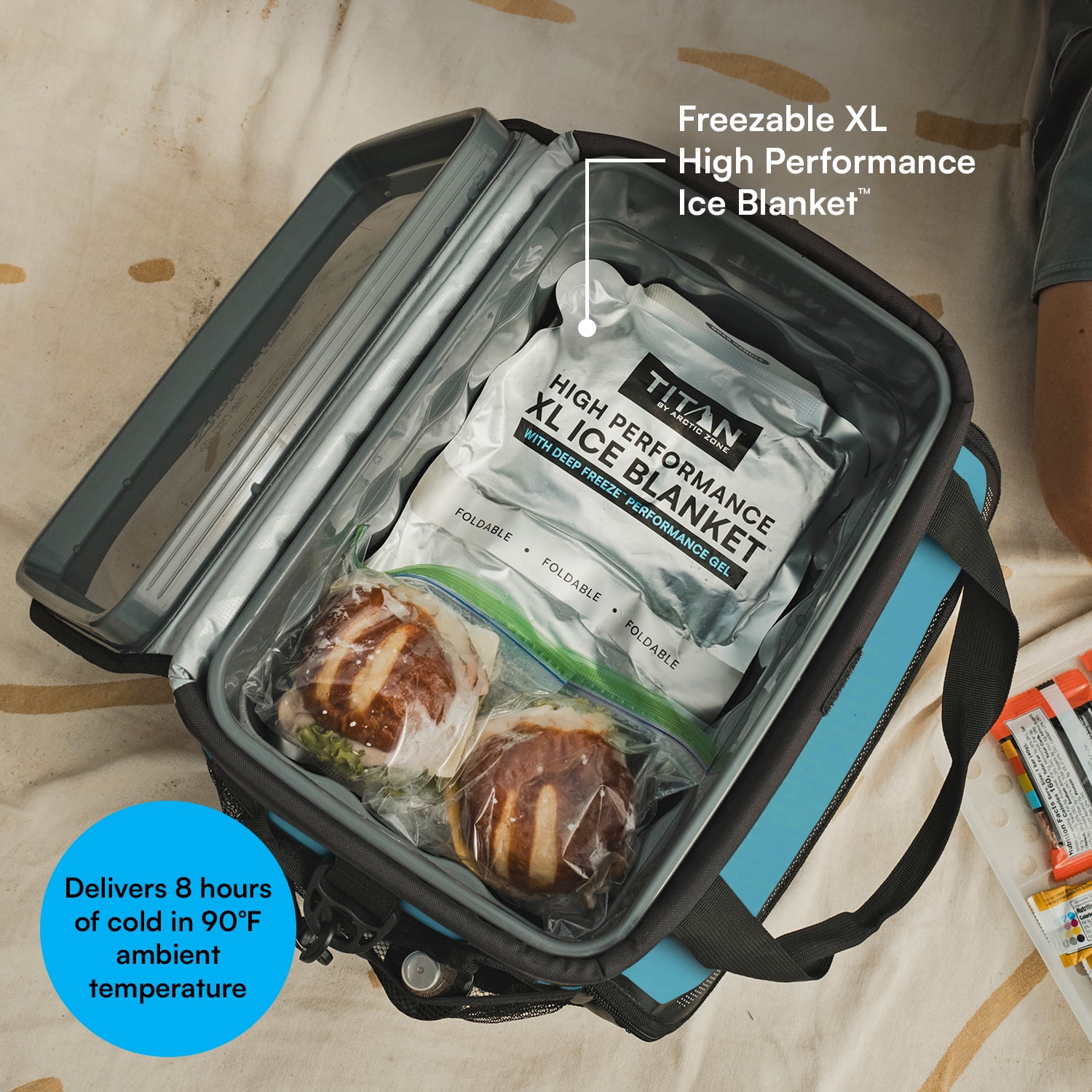Titan by Arctic Zone 38-Can 25-Quart Iceless Zipperless Soft Cooler with Ice Blanket, Bright Blue