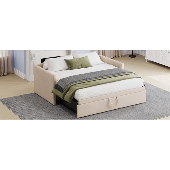 Twin Size Daybed Frame with Extended Pop Up Trundle, Upholstered Sofa Bed Daybed, Space-Saving Twin to King Design, Perfect for Guest Room, Velvet,Beige