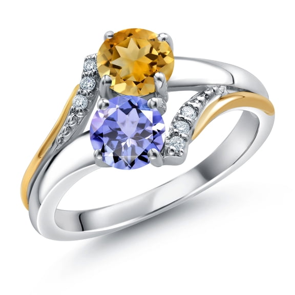 10K Yellow Gold and 925 Silver Blue Tanzanite and Yellow Citrine and White Lab Grown Diamond Accent Engagement Ring for Women (1.21 Cttw, Gemstone December Birthstone, Round 5MM, Size 5)
