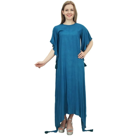 Bimba Casual Women's Teal Blue Short Sleeves Asymmetrical Hem Dress With Scarf - 8