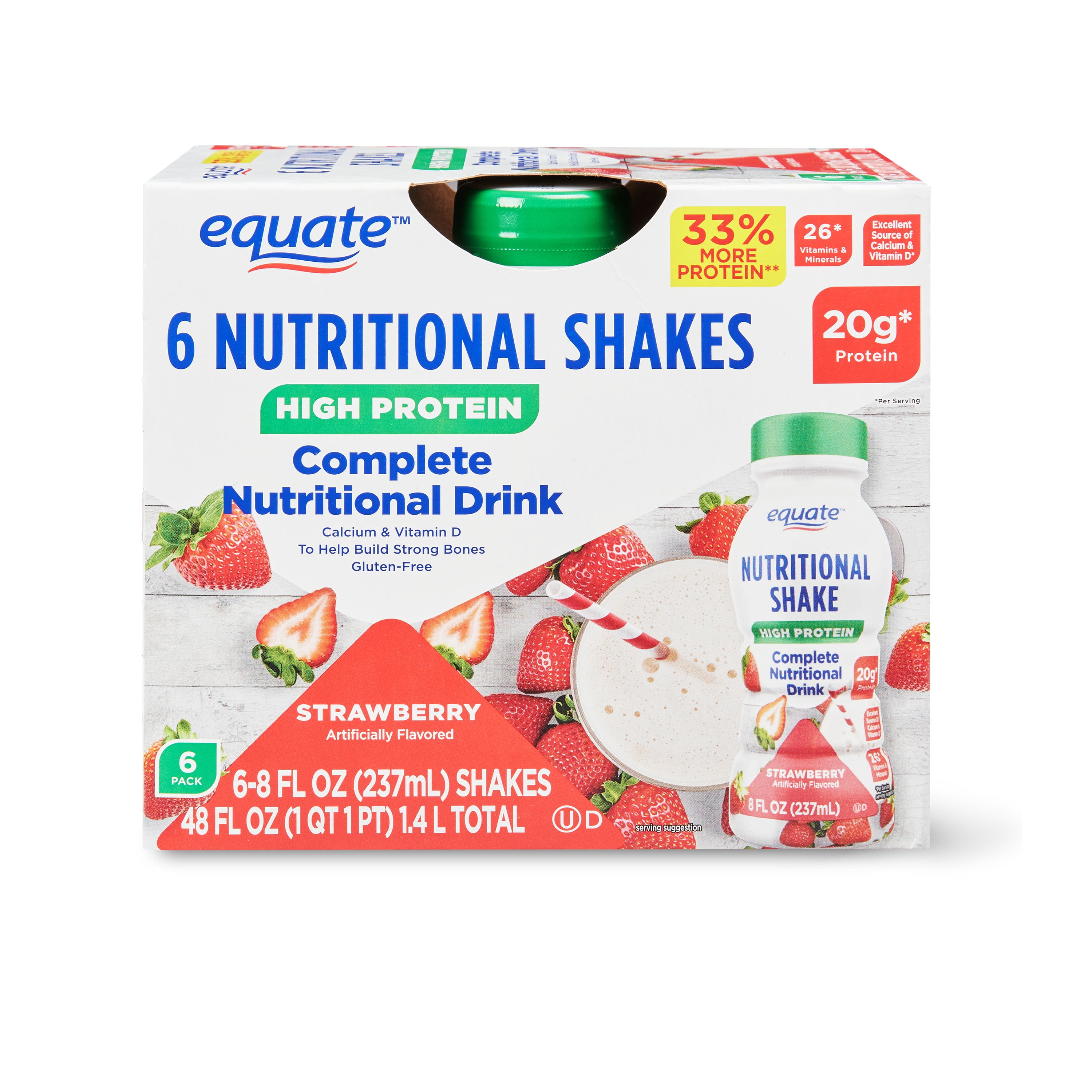 Equate High Protein Nutritional Shake, Nutrition Drink, 26 Vitamins and Minerals, 20g Protein, Strawberry, 8 fl. oz., 6 Count
