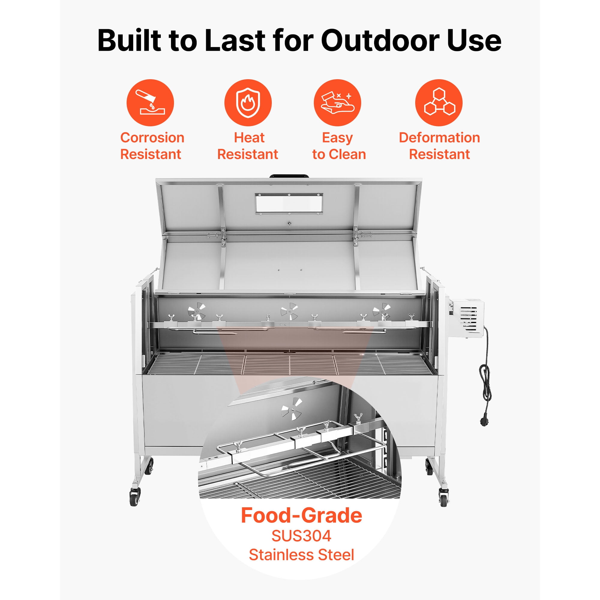 KFFKFF Rotisserie Grill with 38W Motor, Outdoor BBQ Spit Roaster for Pig & Lamb, Charcoal Grill with 132 lbs Capacity, Adjustable Height Levels, Stainless Steel Design with Wheels