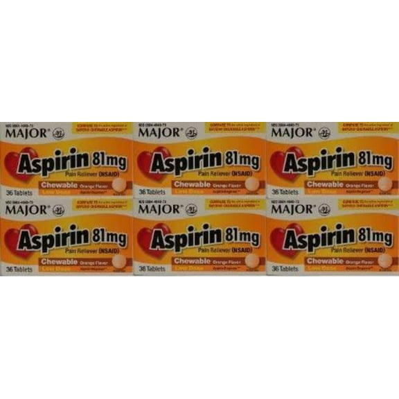 Major Low Dose Aspirin Chewables Orange Flavor 81mg 36 Tabs 6pck