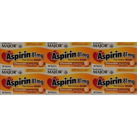Major Low Dose Aspirin Chewables Orange Flavor 81mg 36 Tabs 6pck