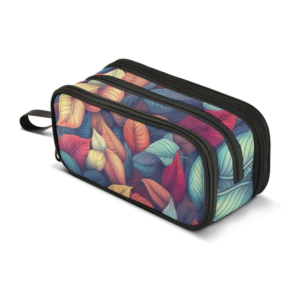 FORMRS Pencil Case with 3 Compartments Zipper Pouch, Elementary School Level and up, Blue Vibrant Leaves Pattern