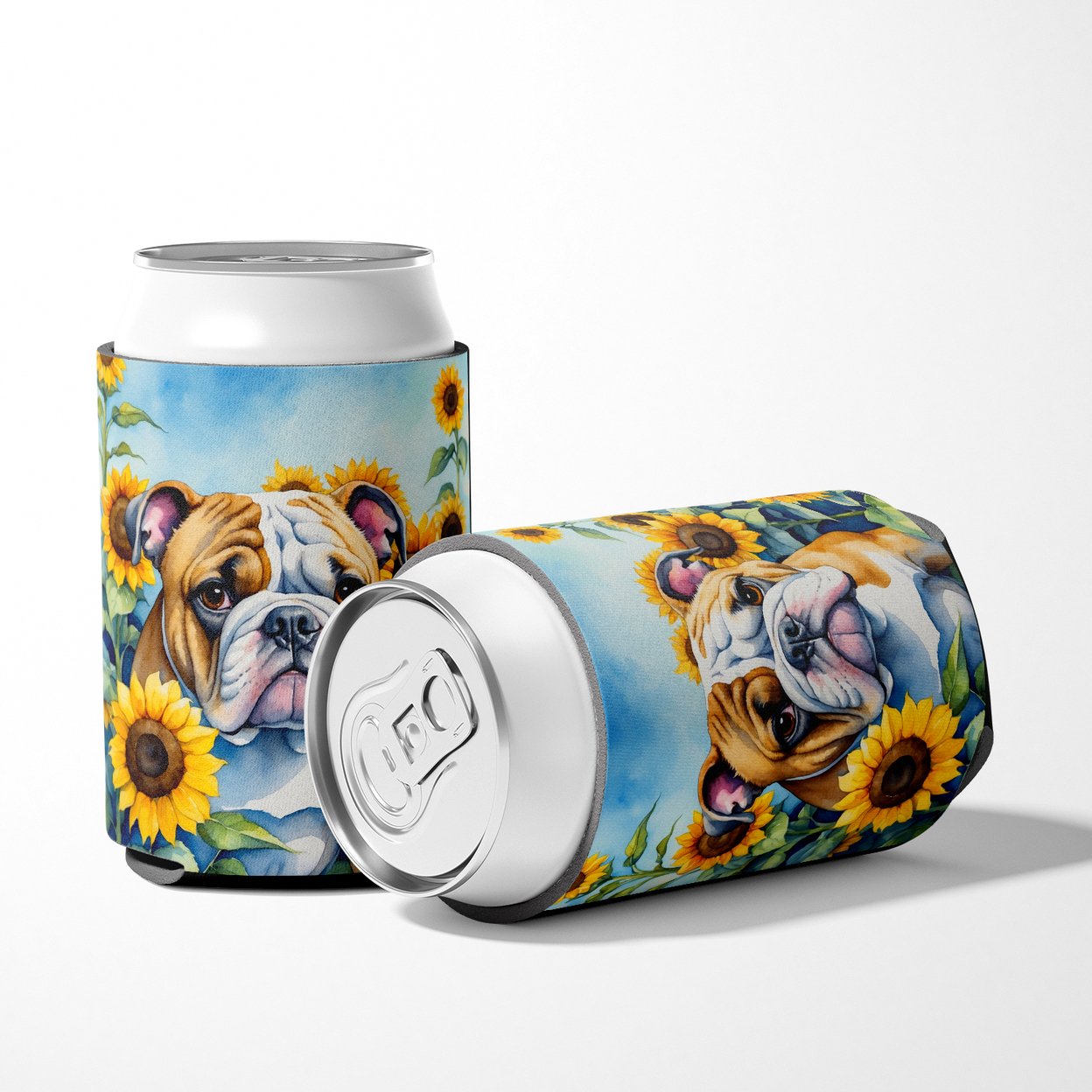 English Bulldog in Sunflowers Can or Bottle Hugger 3 in x 5 in