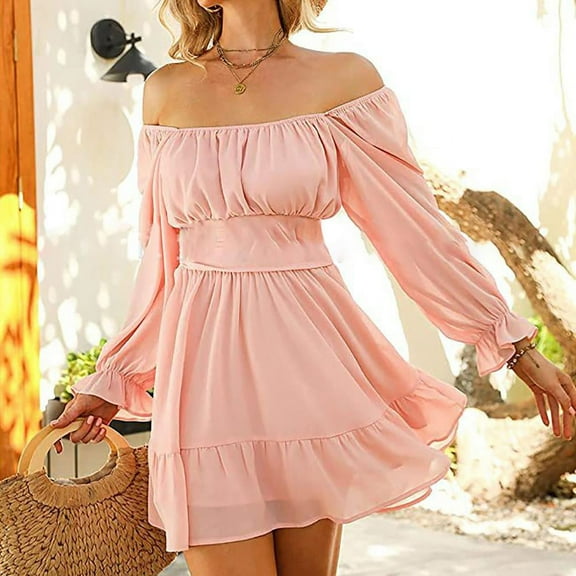 SDNall Chiffon Dresses for Women Fashion Casual Squard Neck Solid Color Long Sleeve Backless Lacing Dress Mini Dresses (Pink, Sizes S-XXL)