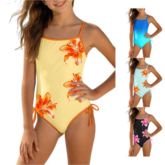 XINXIAOO Girls Floral 1 Piece Swimsuit Thin Spaghetti Straps Square Neck Contrast Adjustable Side Tie Summer Beach Pool Bathing Suit 14-15 Years
