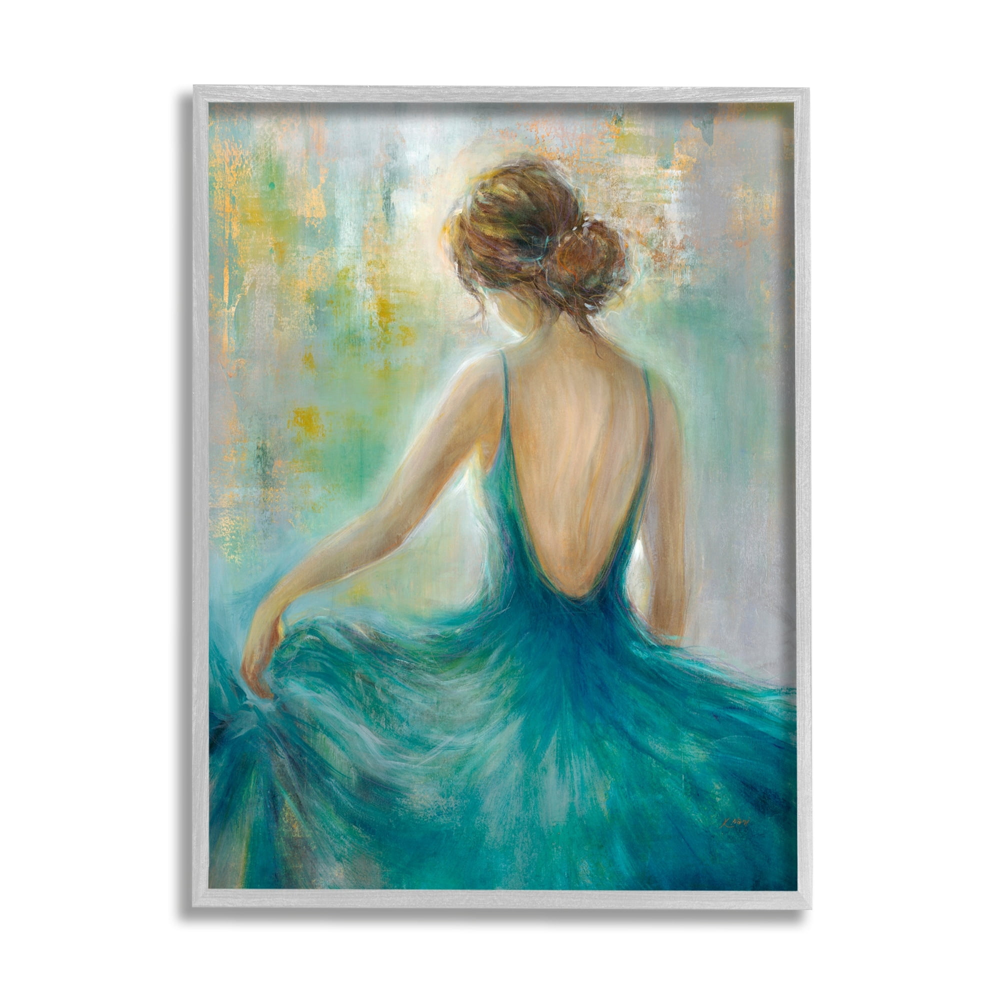 Stupell Industries Woman Green Dress Painting Beauty & Fashion Painting Gray Framed Art Print Wall Art