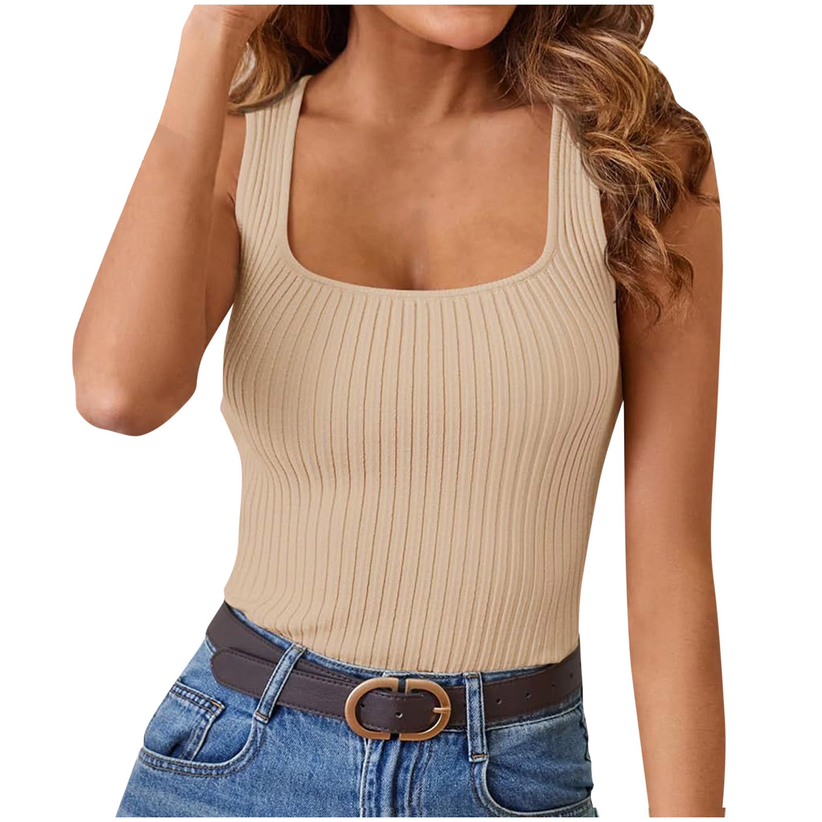 AherBiu Ribbed Tank Tops for Women Summer Casual Ribbed Knitted Camis Slim Fitted Sleeveless Round Neck Tops