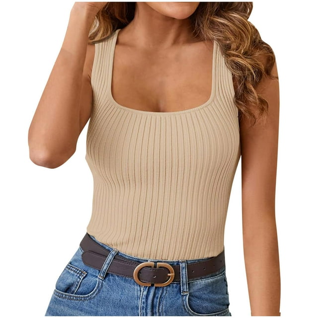 Annhoo Womens Sleeveless Tank Tops Summer Ribbed Square Neck Blouses Casual Tight Basic Solid Color Shirts Tees