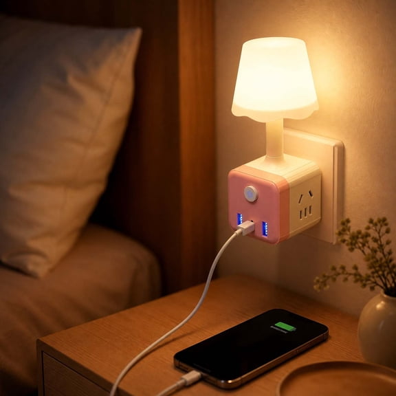 Multifunctional LED Desk Lamp with Power Strip – Wall Plug Night Light with USB A USB C Outlets – Touch Control Dorm Room Office Bedside Lamp