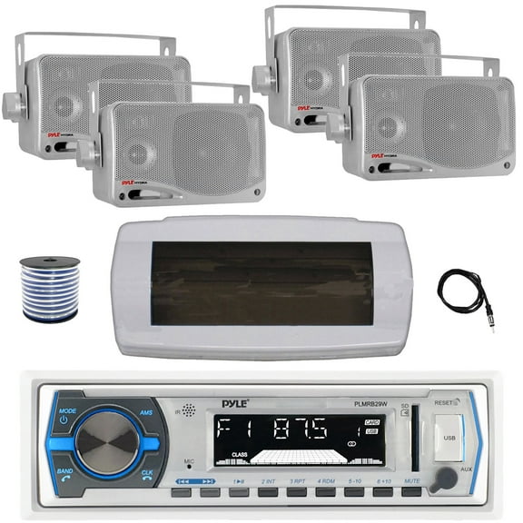 Pyle PLMRB29W Single DIN Bluetooth Marine MP3 AM/FM Stereo Receiver with White Cover, 22" Radio Antenna, Wire, 4x 3.5'' 200 Watt Max 3-Way Indoor/Outdoor Wall Mount Speaker (Silver)