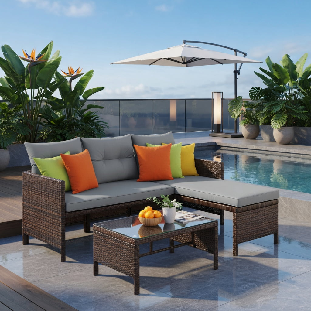 Hommoo 3-Piece Outdoor Wicker Patio Sofa Set with Tempered Glass Coffee Table, L-Shaped Sectional for Backyard, Deck or Balcony, Gray