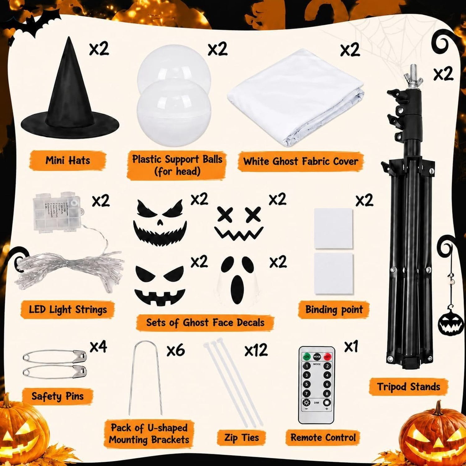 Lighted Halloween Ghost Decoration, 2-Piece Set with Adjustable Height 43-63 in, 6 Lighting Modes, Timer, Remote, Interchangeable Face Stickers, Indoor Outdoor Yard Decor