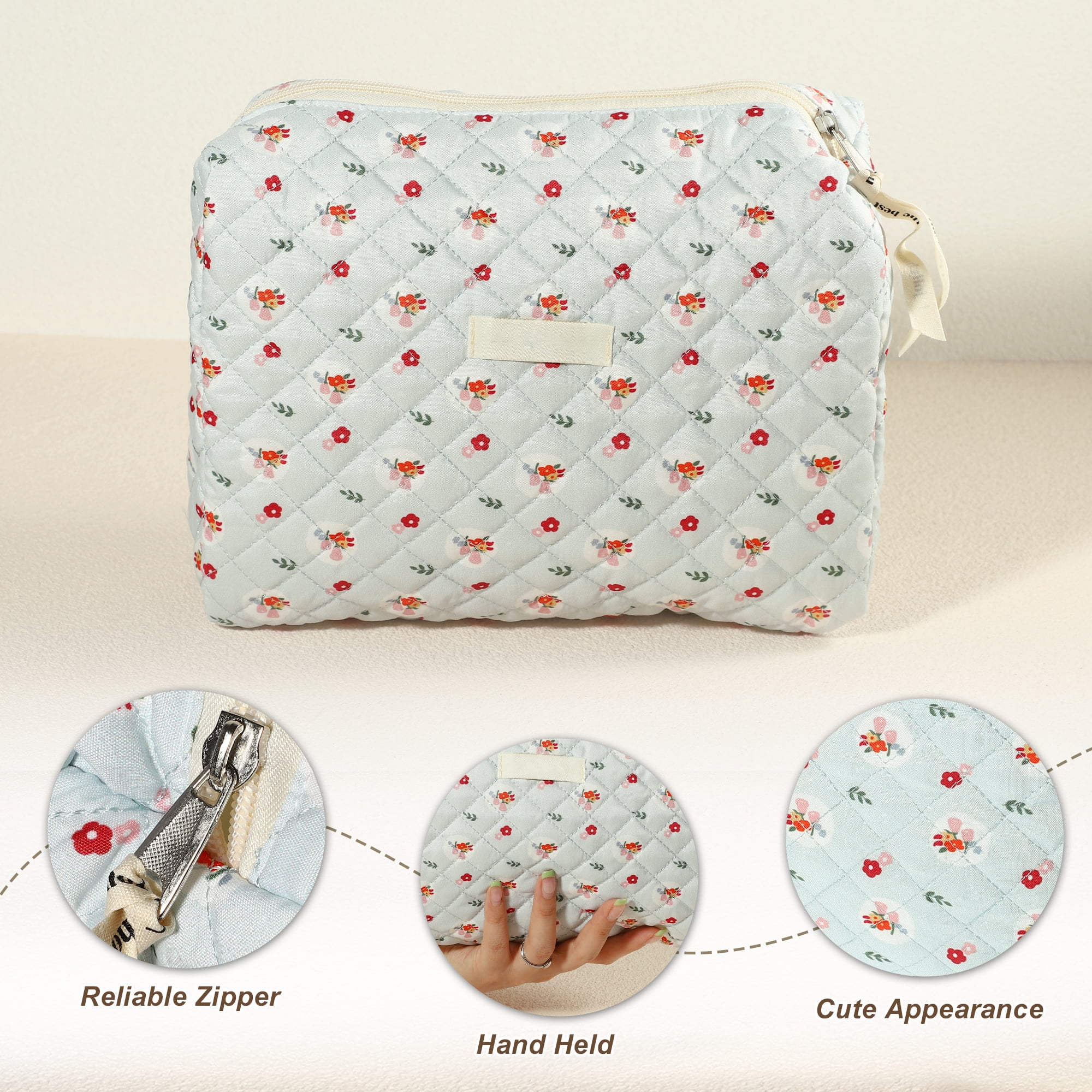 Unique Bargains Cotton Makeup Bag Large Travel Cosmetic Pouch Quilted Toiletry Bag Blue