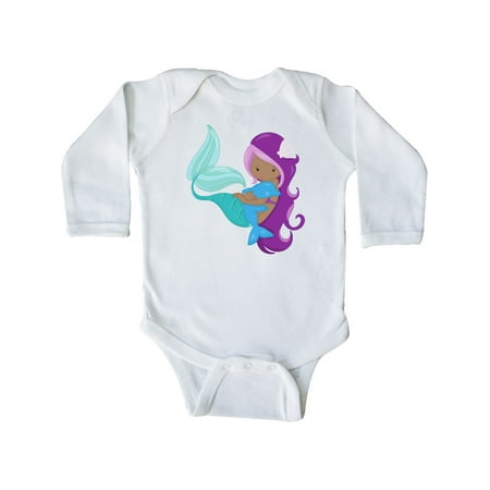 

Inktastic African American Mermaid With Purple Hair Dolphin Gift Baby Girl Long Sleeve Bodysuit