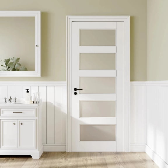 24" x 96" 5-Lite Frosted Glass Solid Core Door Slab - Solid Manufactured Wood White Primed Standard Size Interior