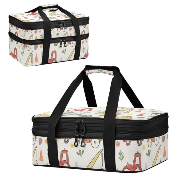 Large Double Decker Insulated Casserole Carrier Expandable 2-Layer Thermal Food Tote Bag Hand-drawn Car Hot Cold Pizza Lasagna Holder for Potluck Picnic Party Camping