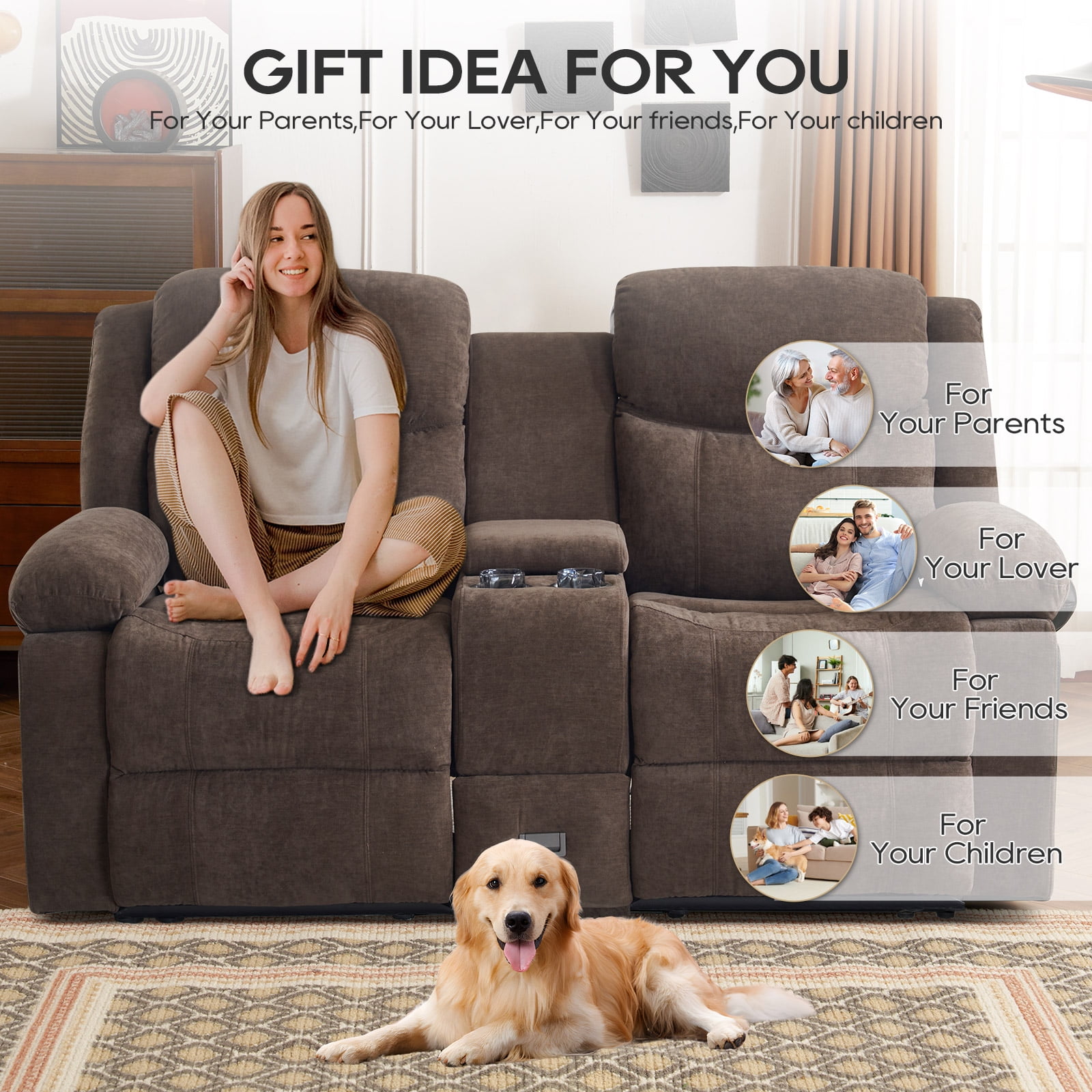 PYOIER Reclining Loveseat Sofa With Massage & Heating, Black