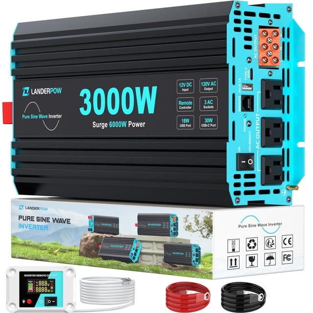Inversor de corriente LANDERPOW de onda sinusoidal pura de 3000 W, 12 V a 120 V