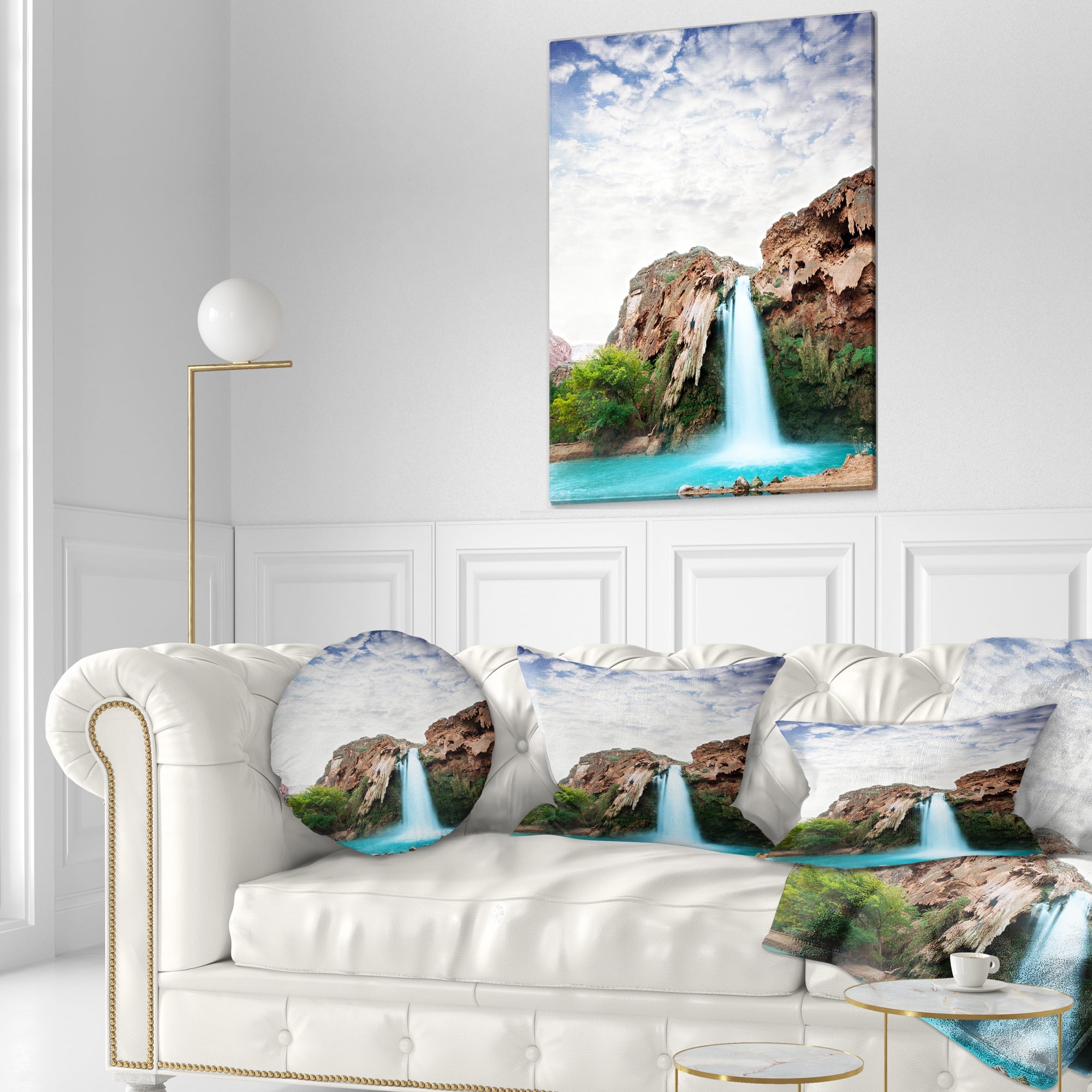 Designart Amazing Waterfall under Cloudy Sky - Landscape Printed Throw Pillow - 12x20