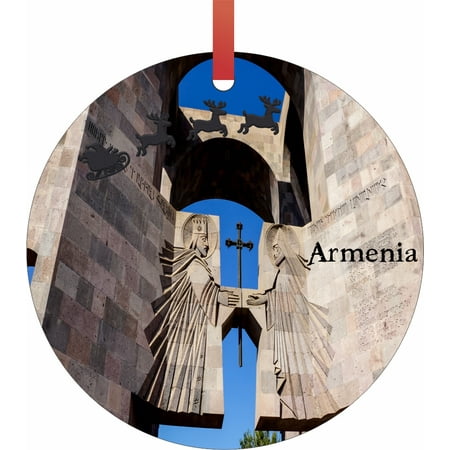 Cathedral Santa - Santa Klaus and Sleigh Riding Over Echmiadzin Cathedral, Armenia Semigloss Flat Round Shaped Ornament Xmas Tree Christmas Décor - Christmas Room Décor and Ornament Yard Decorations