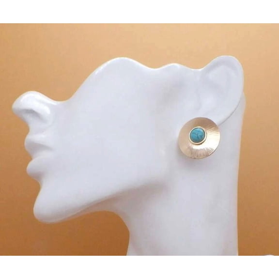 Clip on 1" gold and turquoise stone button style earrings