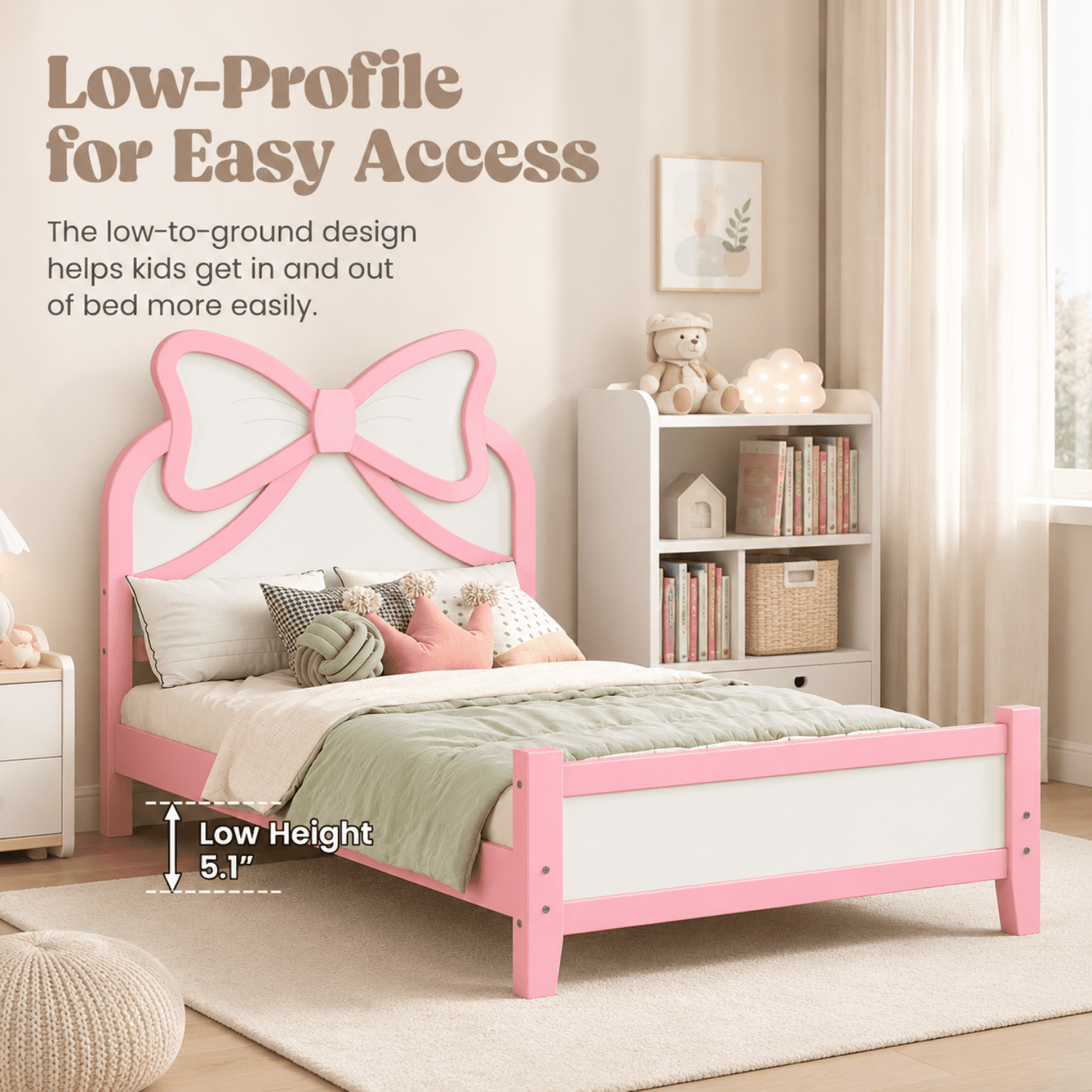 Miniyam Twin Size Kids Platform Bed with Bow-Shaped Headboard, Wood Bed Frame, Pink