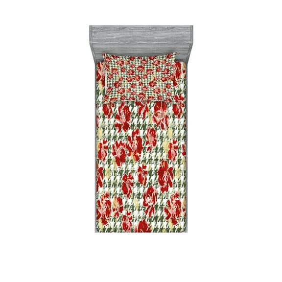 Ambesonne Floral Fitted Sheet & Pillow Sham Set, Scottish Houndstooth, Twinxl, Hunter Green Ruby