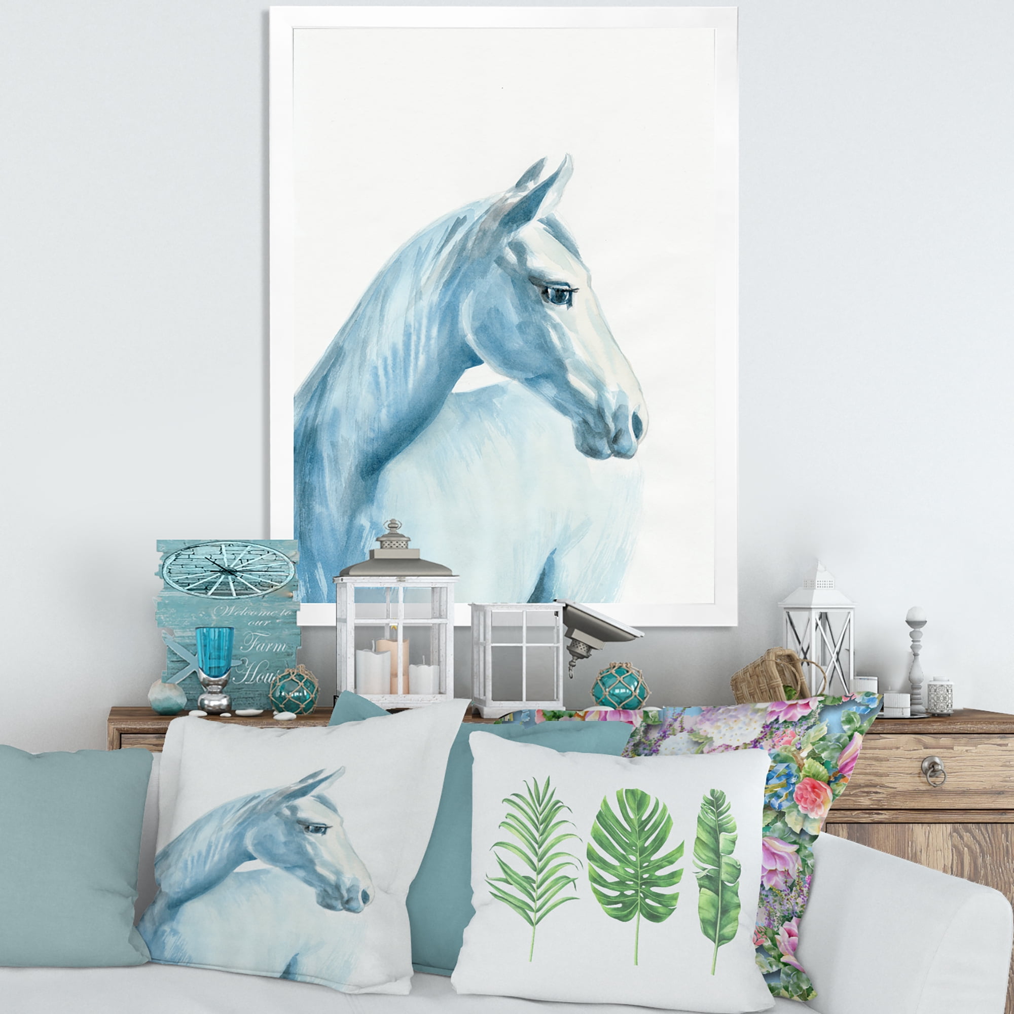 Designart 'Close Up Portrait Of A Light Blue Horse' Farmhouse Framed Art Print